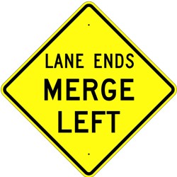 W9-2 Lane Ends Merge Left Sign