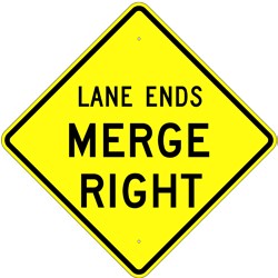 W9-2 Lane Ends Merge Right Sign